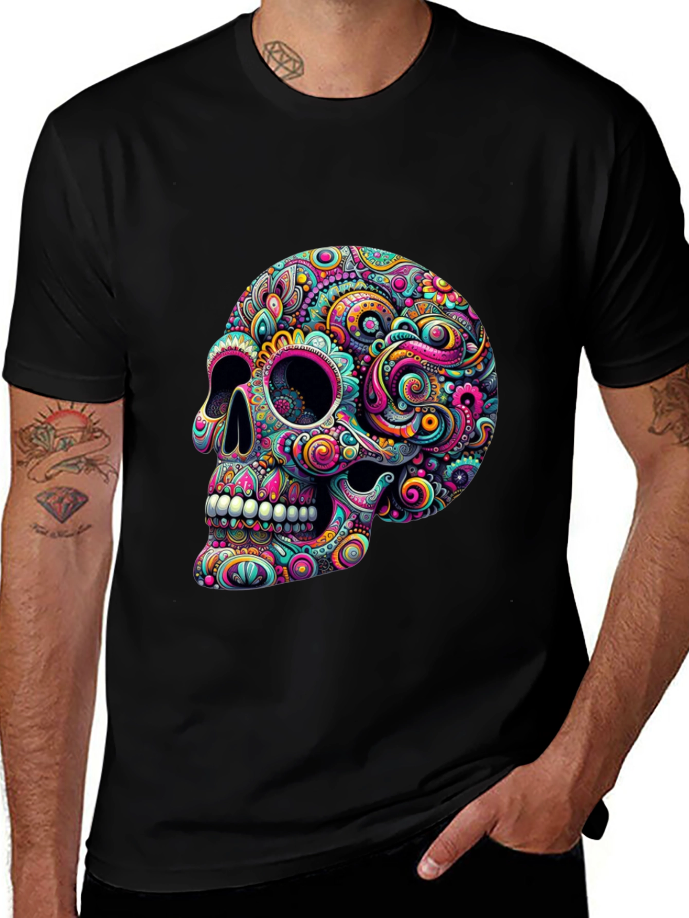 Colorful Sugar Skull Graphic Tee - Mens Black T-Shirt