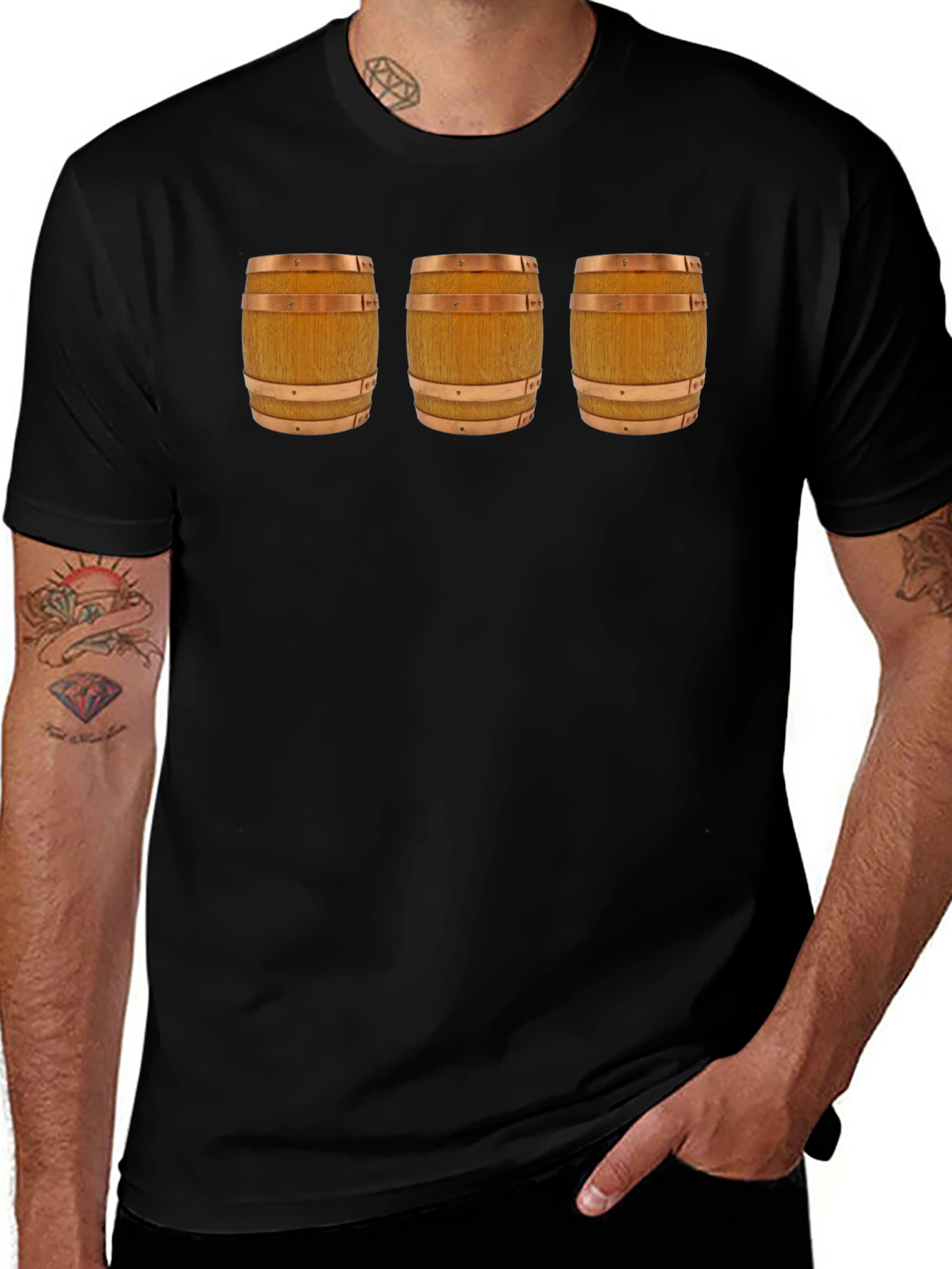 Mens Black T-Shirt with Barrel Design