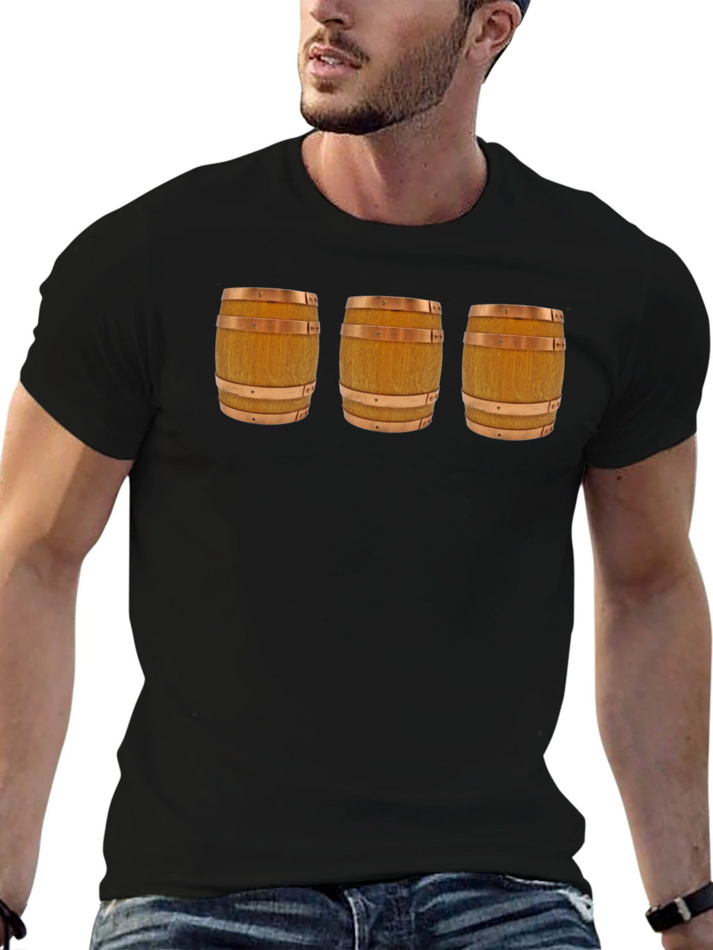 Mens Black T-Shirt with Barrel Design