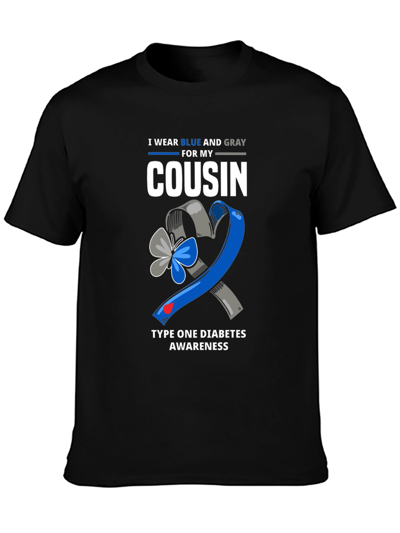 Blue & Gray Type 1 Diabetes Awareness Cousin T-Shirt