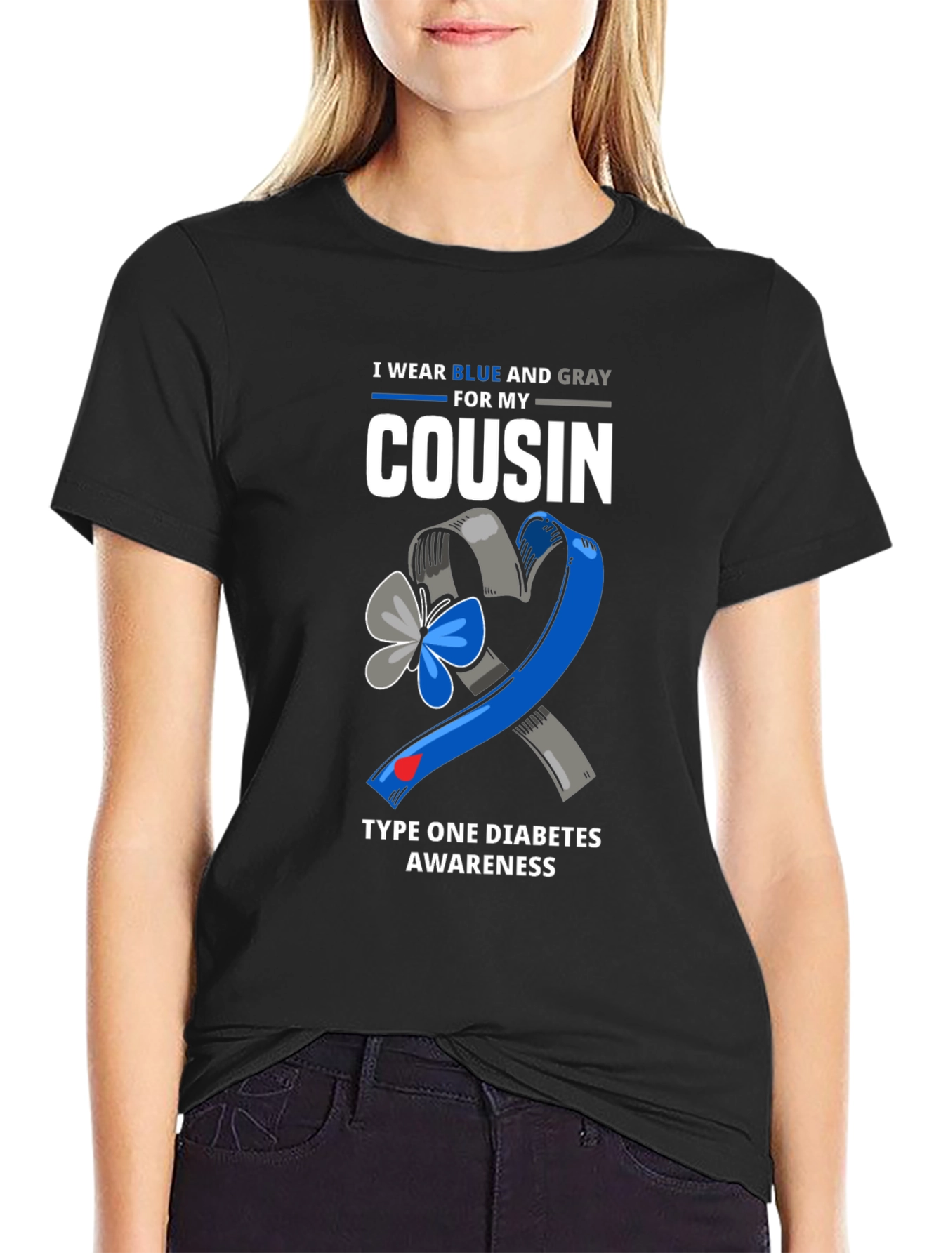 Blue & Gray Type 1 Diabetes Awareness Cousin T-Shirt