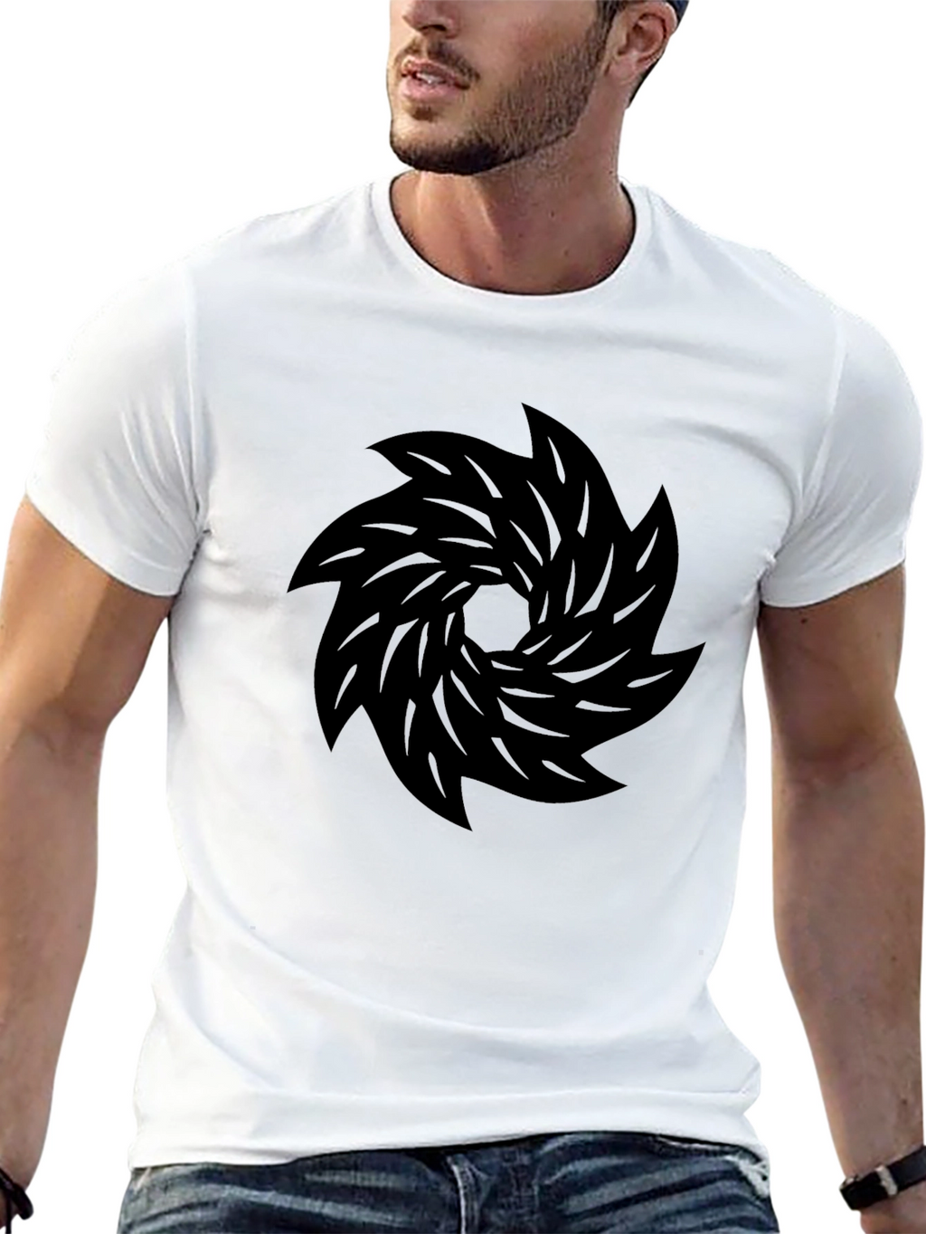 Black T-Shirt with Abstract Whirlwind Design