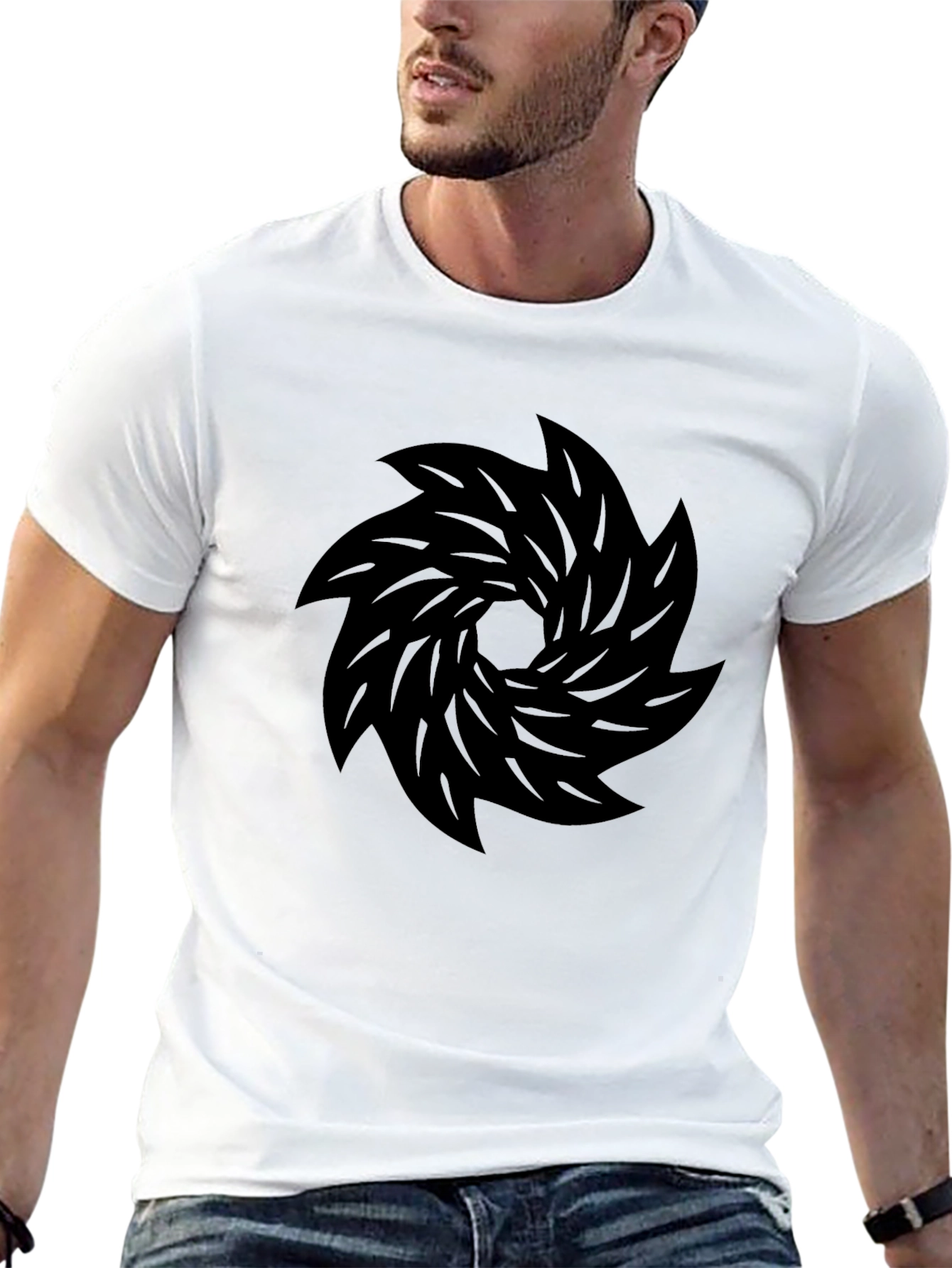 Black T-Shirt with Abstract Whirlwind Design