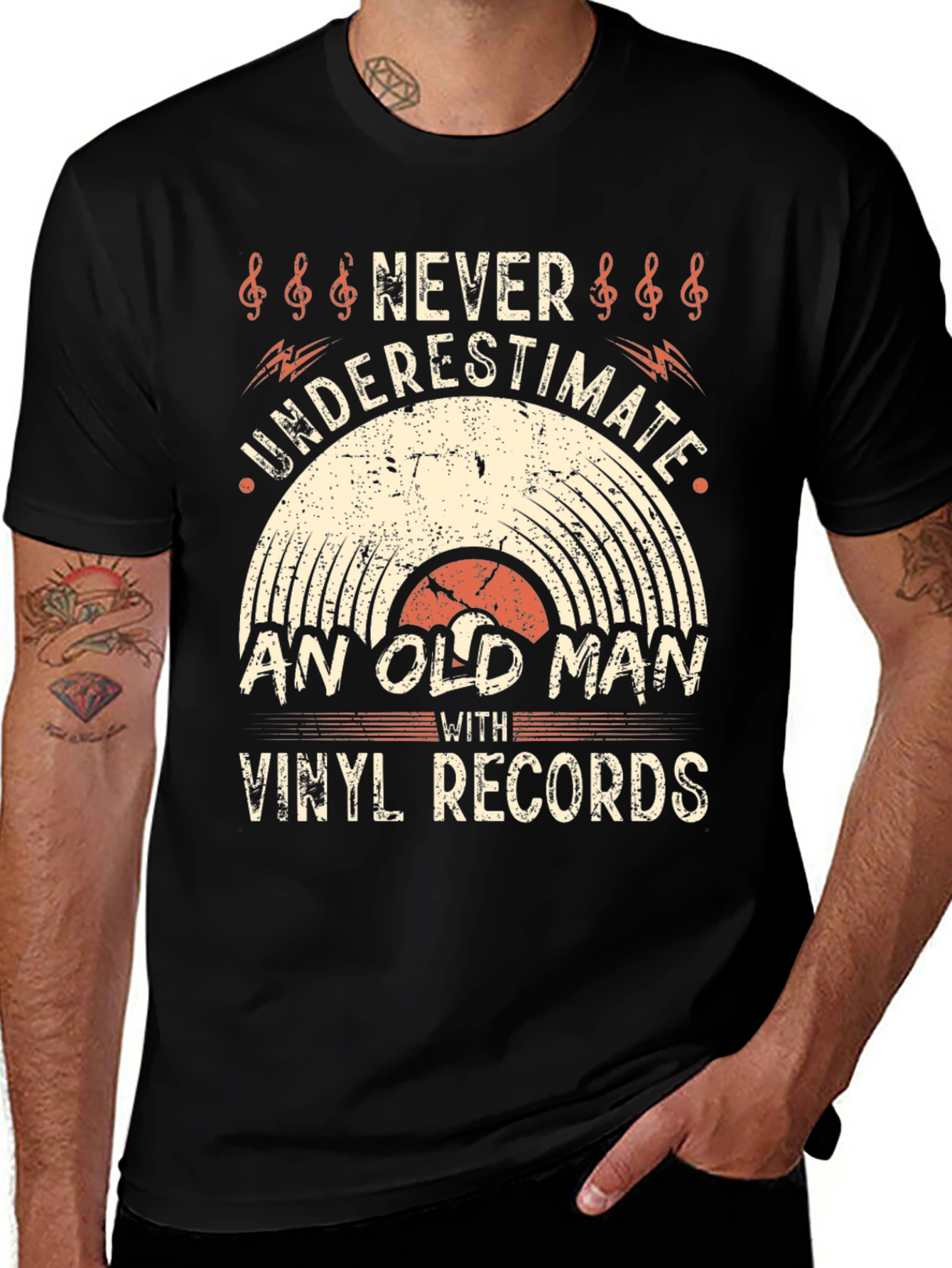 Never Underestimate Old Man with Vinyl Records T-Shirt