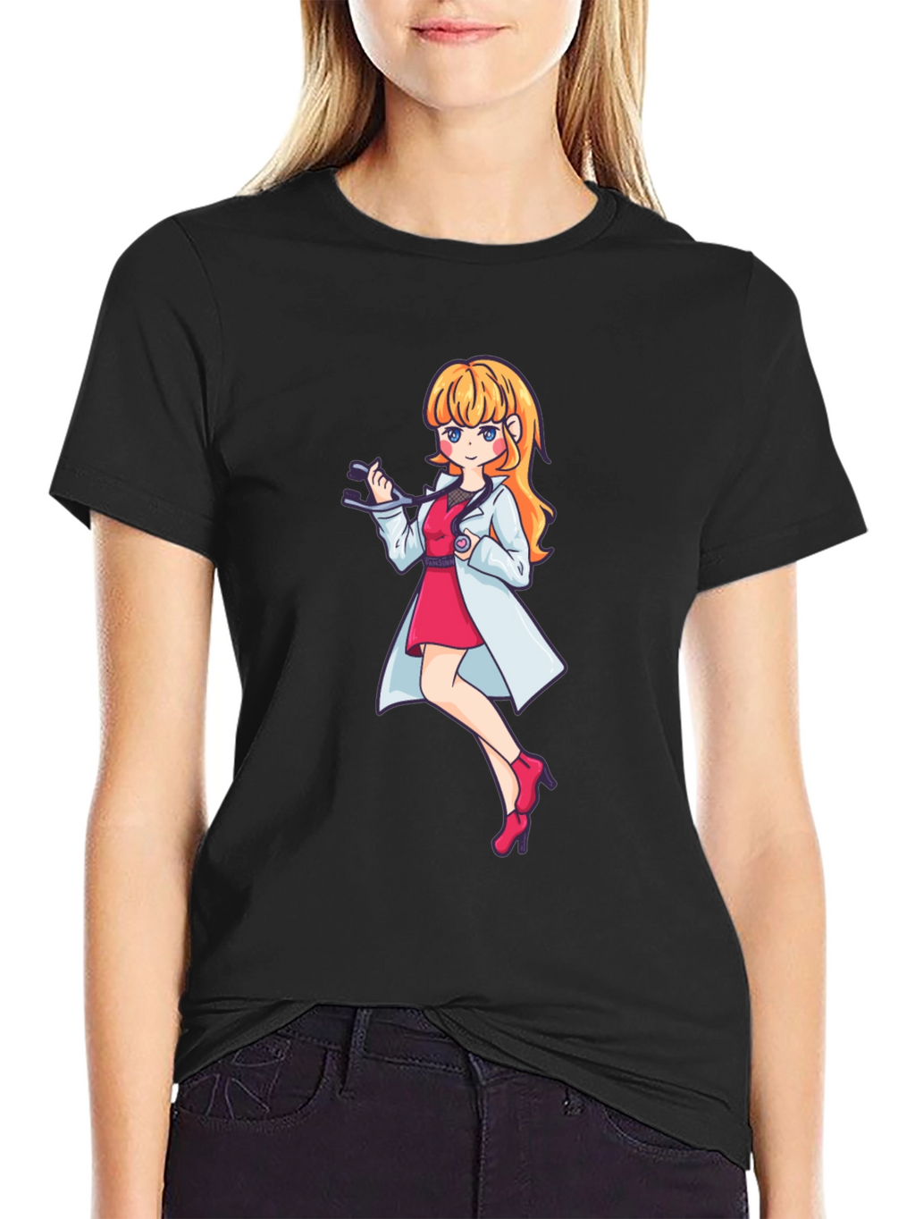 Anime Doctor Girl Graphic Black T-Shirt