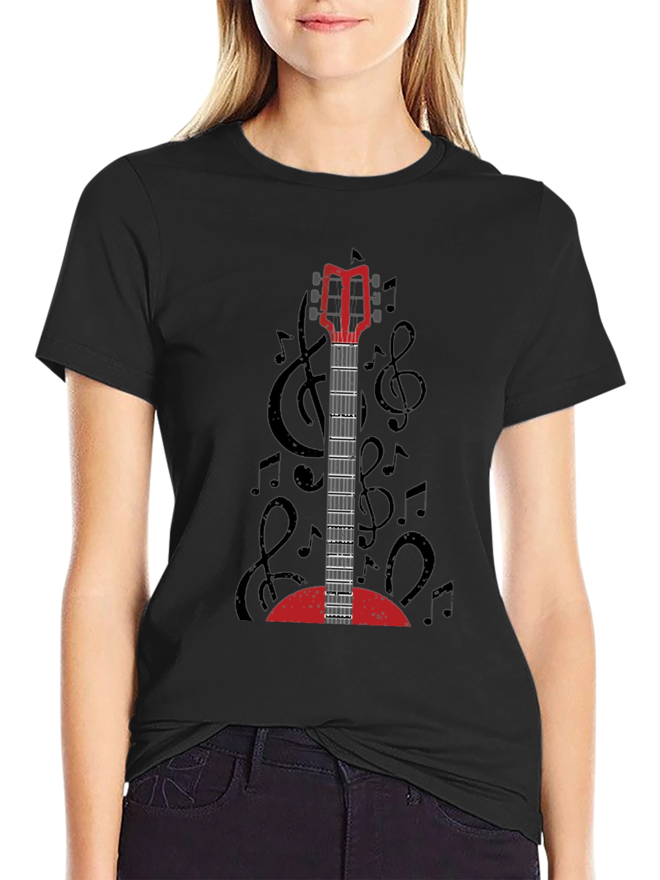 Guitar Music Notes Graphic T-Shirt - Unisex Black Tee