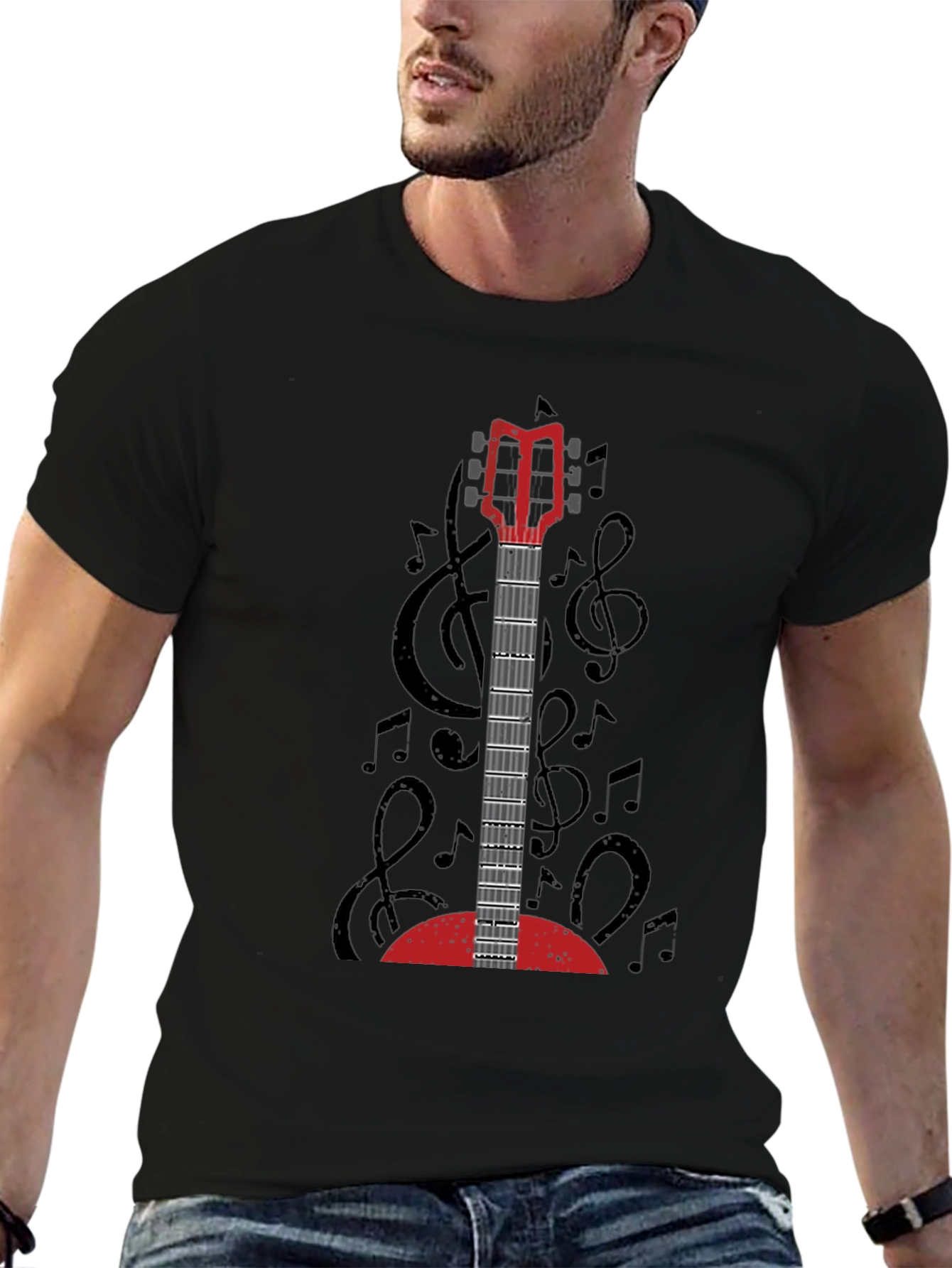Guitar Music Notes Graphic T-Shirt - Unisex Black Tee