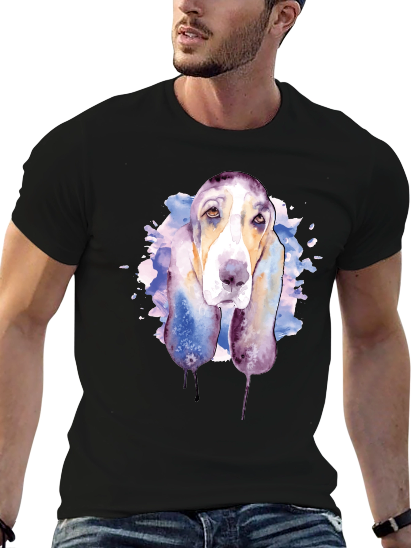 Dog Watercolor Graphic Tee - Casual Black T-Shirt