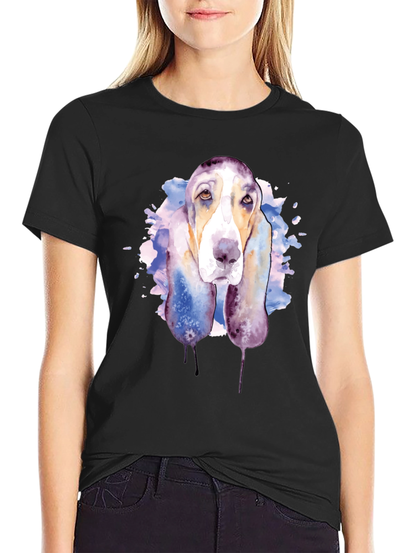 Dog Watercolor Graphic Tee - Casual Black T-Shirt