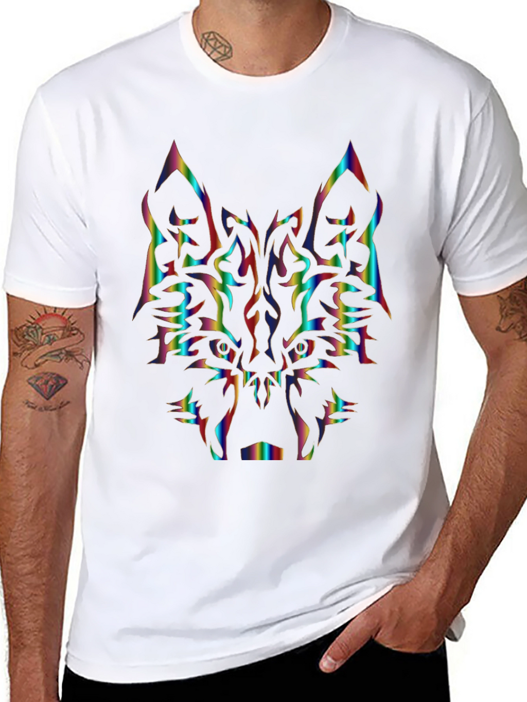 Rainbow Wolf Graphic Tee - Black Cotton Shirt