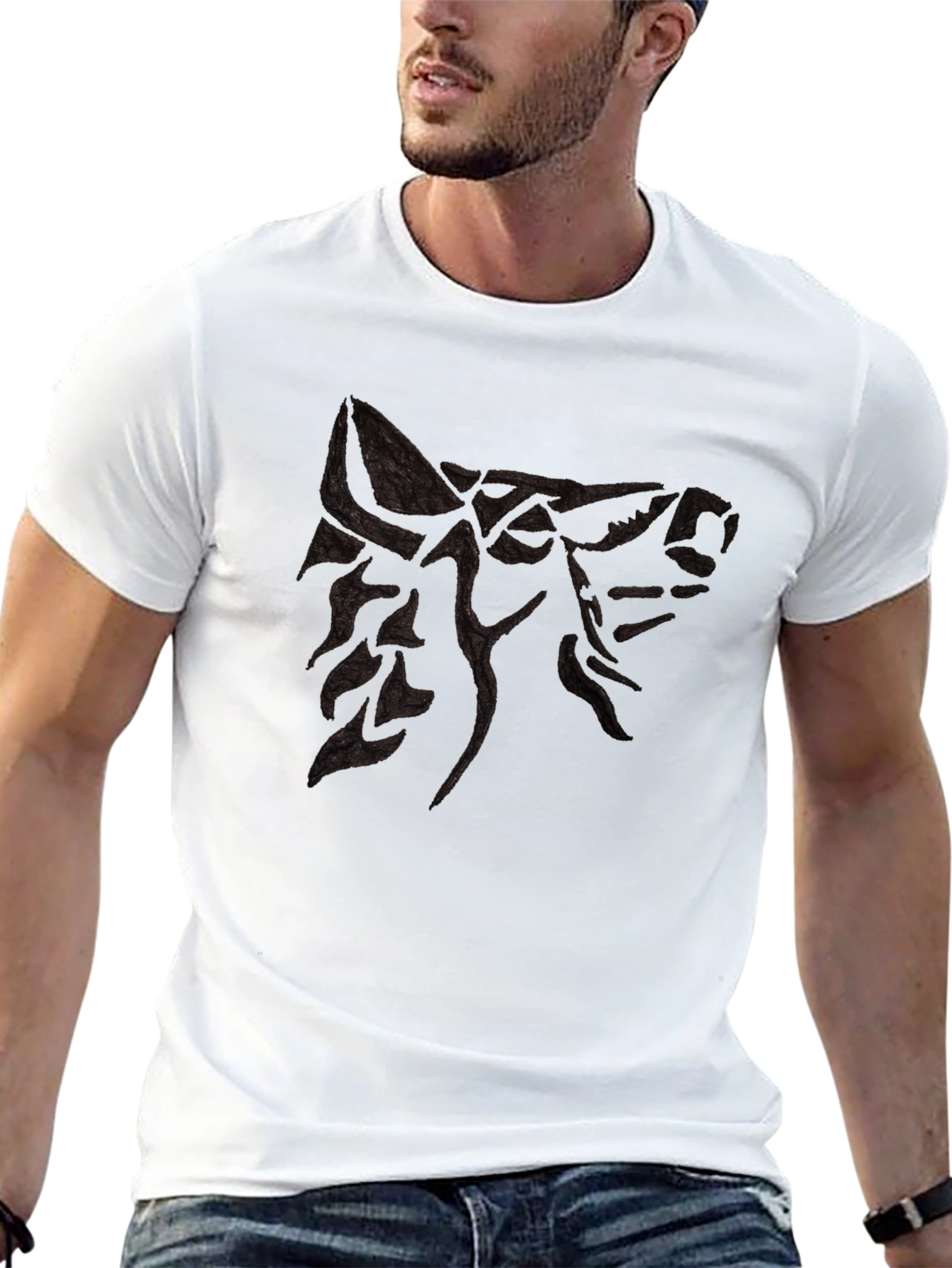 Mens Black T-Shirt with Wolf Design
