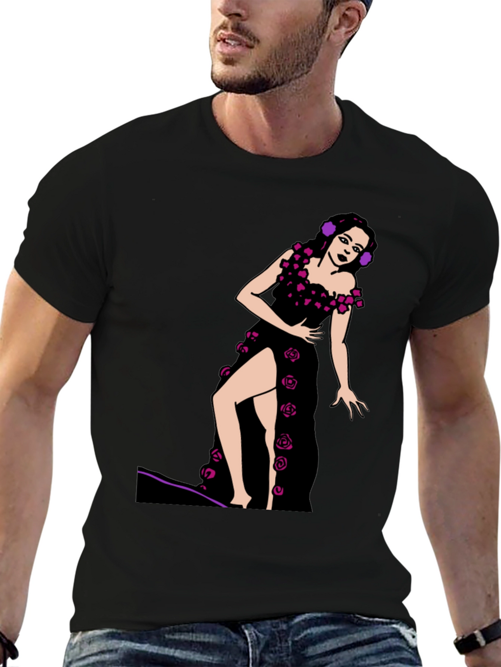 Black T-Shirt with Rose Dress Graphic