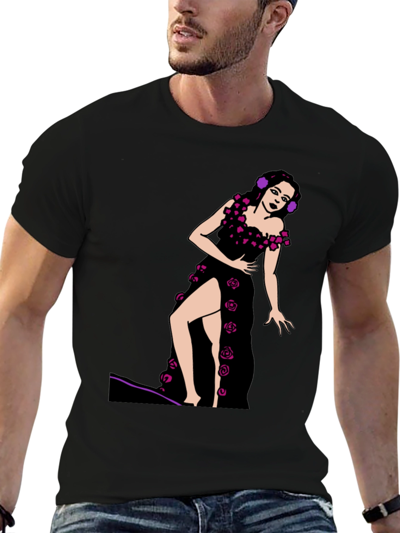 Black T-Shirt with Rose Dress Graphic