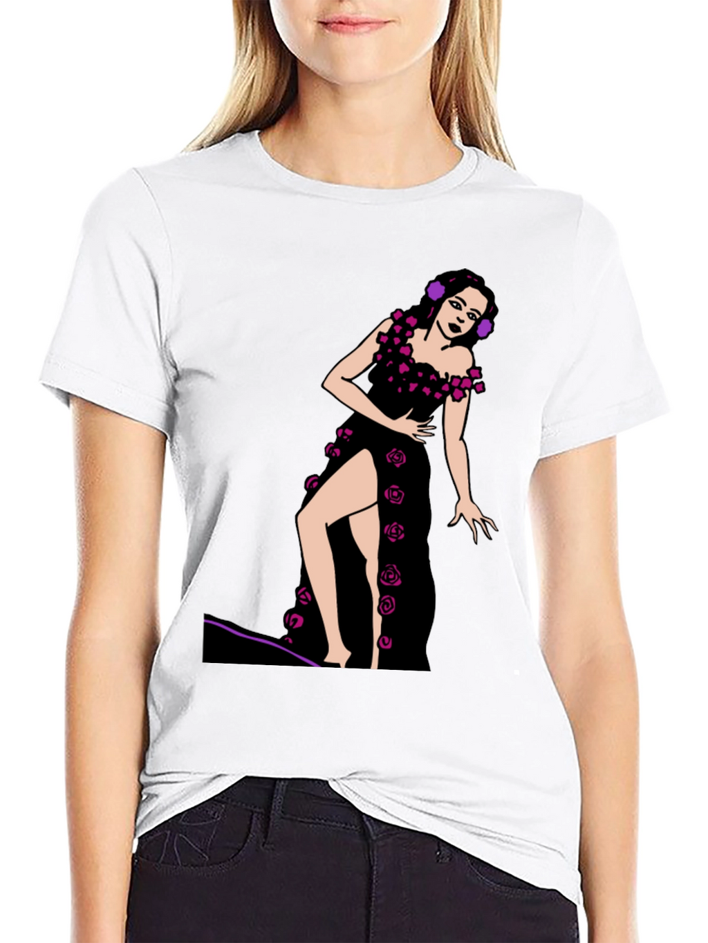 Black T-Shirt with Rose Dress Graphic