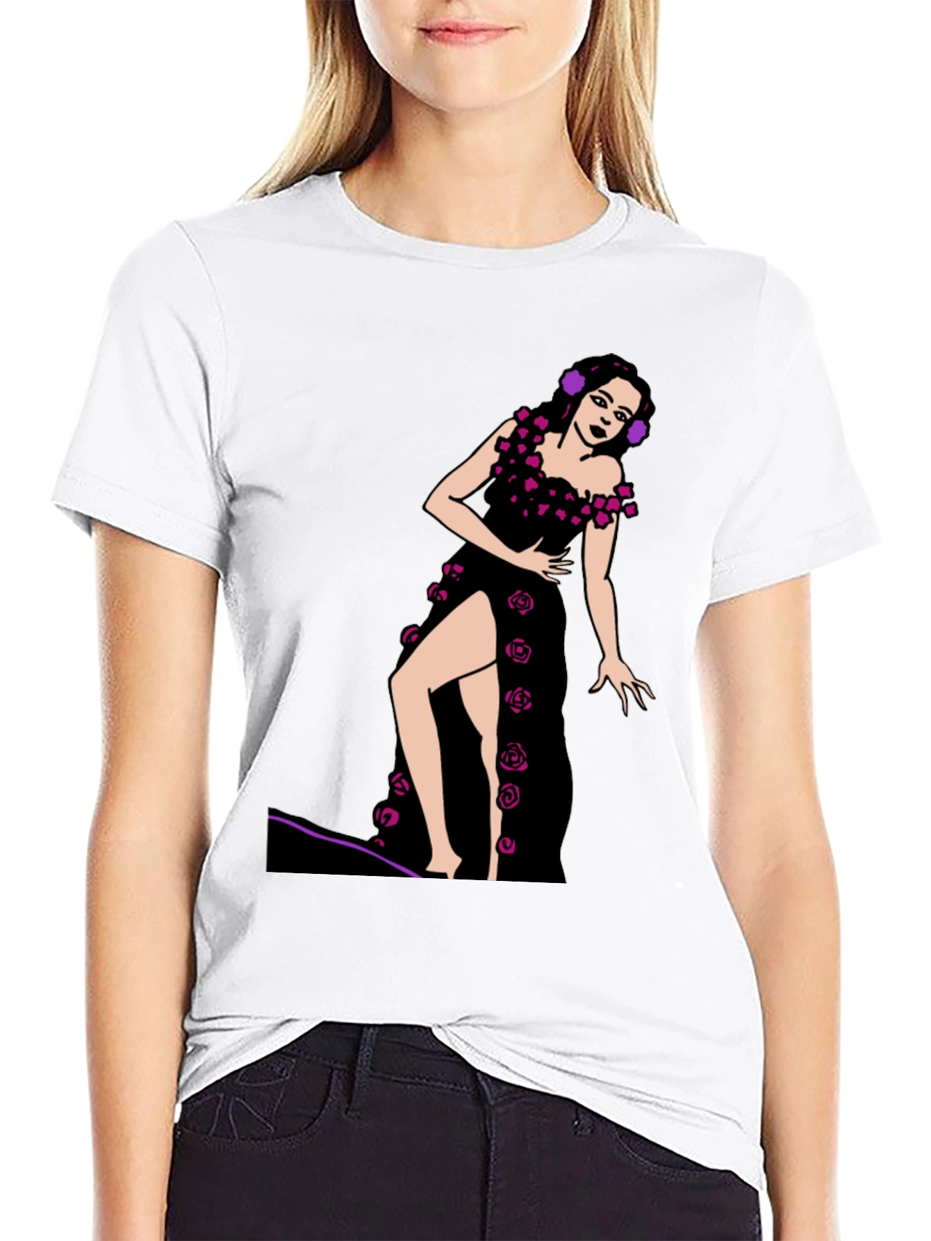 Black T-Shirt with Rose Dress Graphic