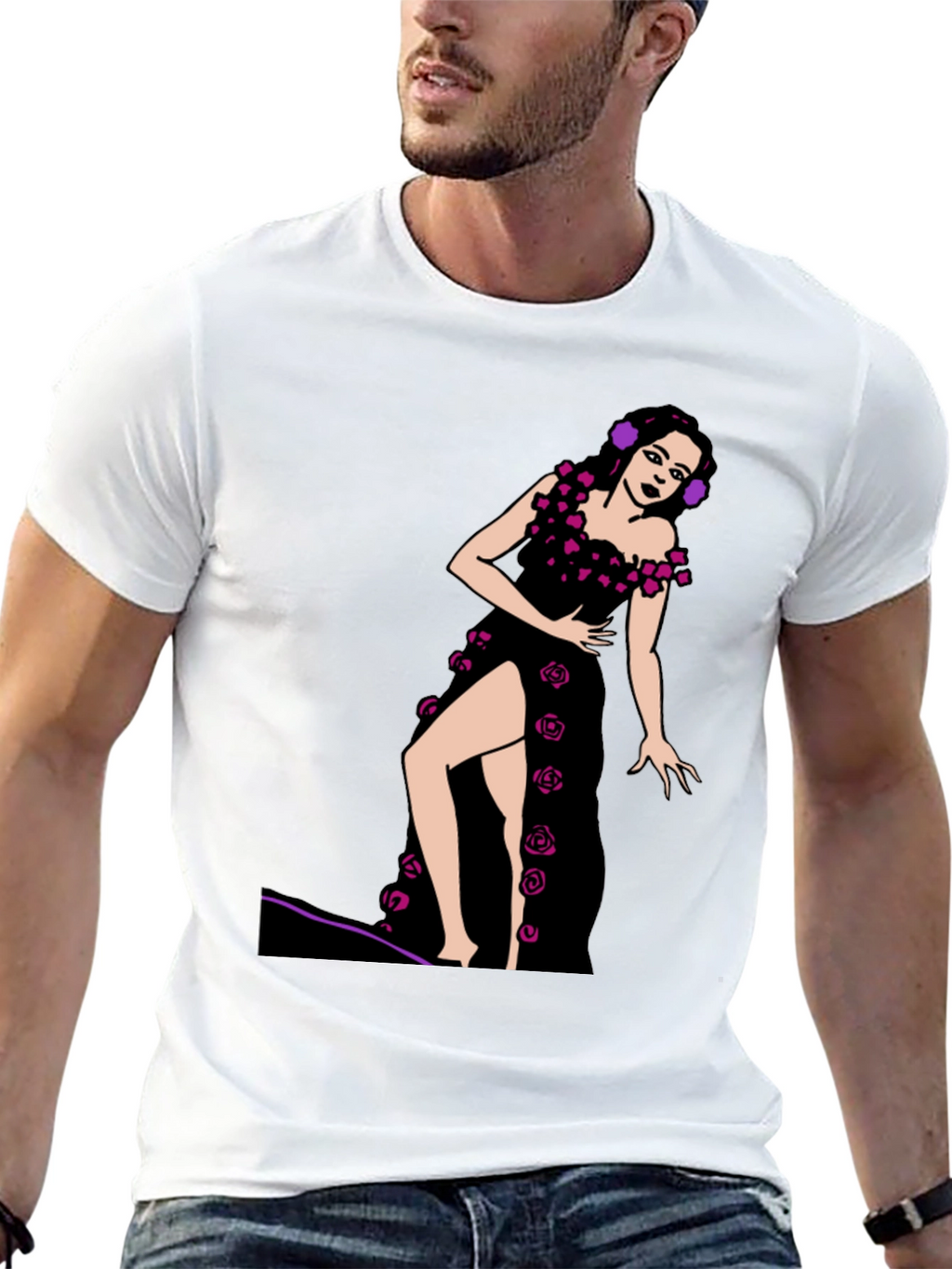Black T-Shirt with Rose Dress Graphic