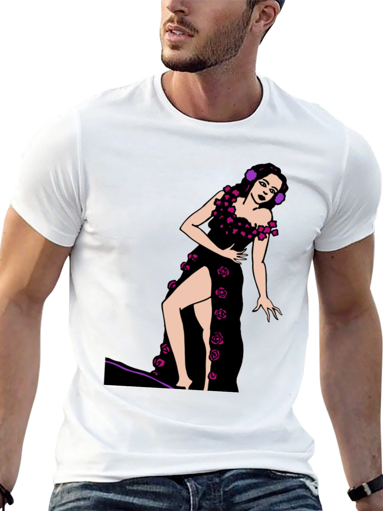 Black T-Shirt with Rose Dress Graphic
