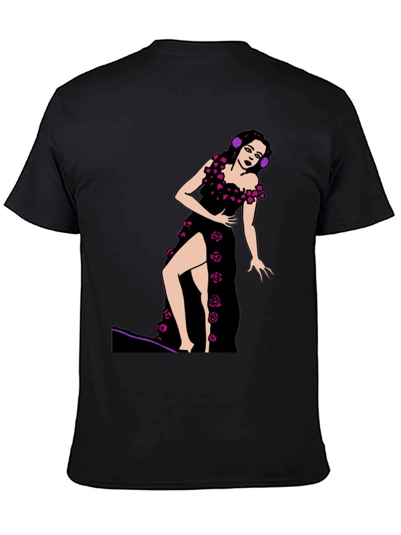 Black T-Shirt with Rose Dress Graphic