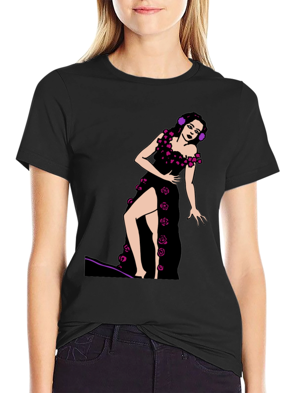 Black T-Shirt with Rose Dress Graphic