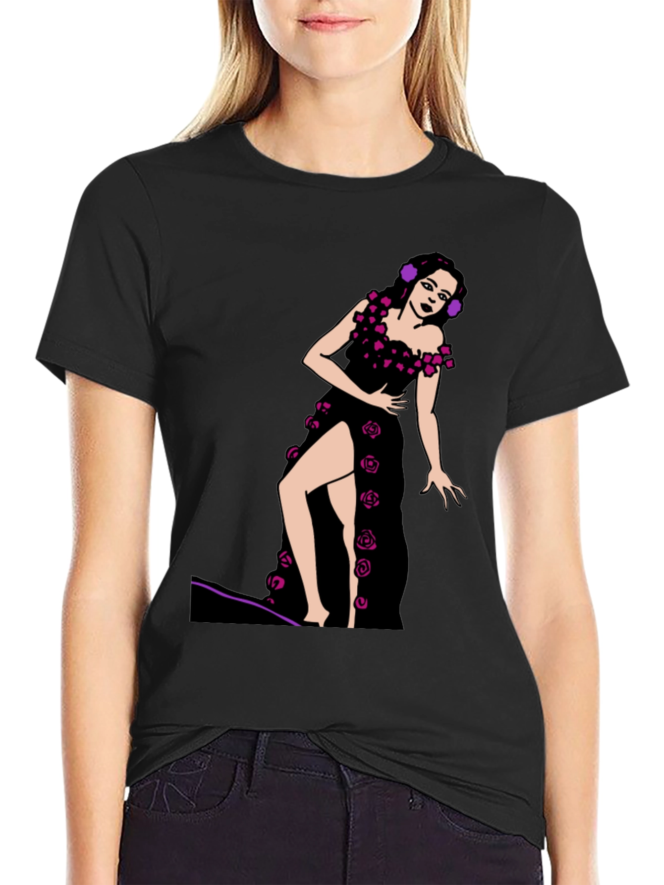 Black T-Shirt with Rose Dress Graphic