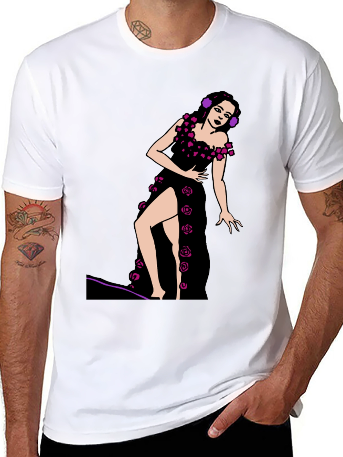 Black T-Shirt with Rose Dress Graphic