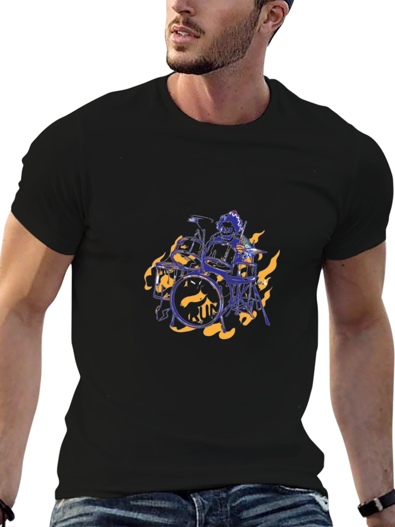 Flaming Drummer Black T-Shirt
