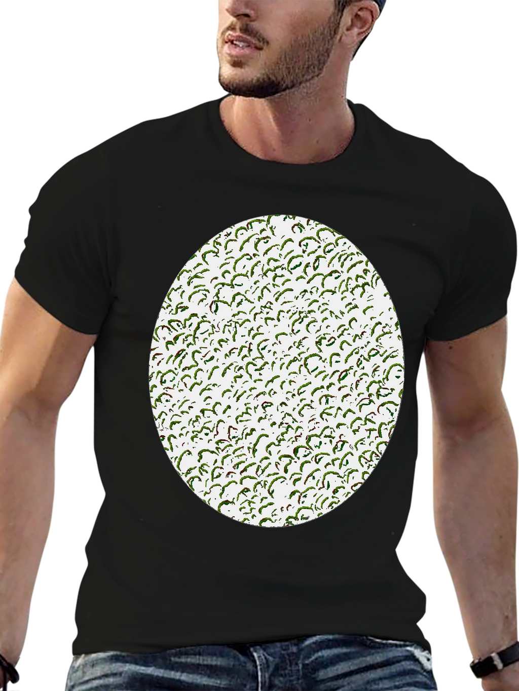 Novelty Green Pattern Print Black T-Shirt