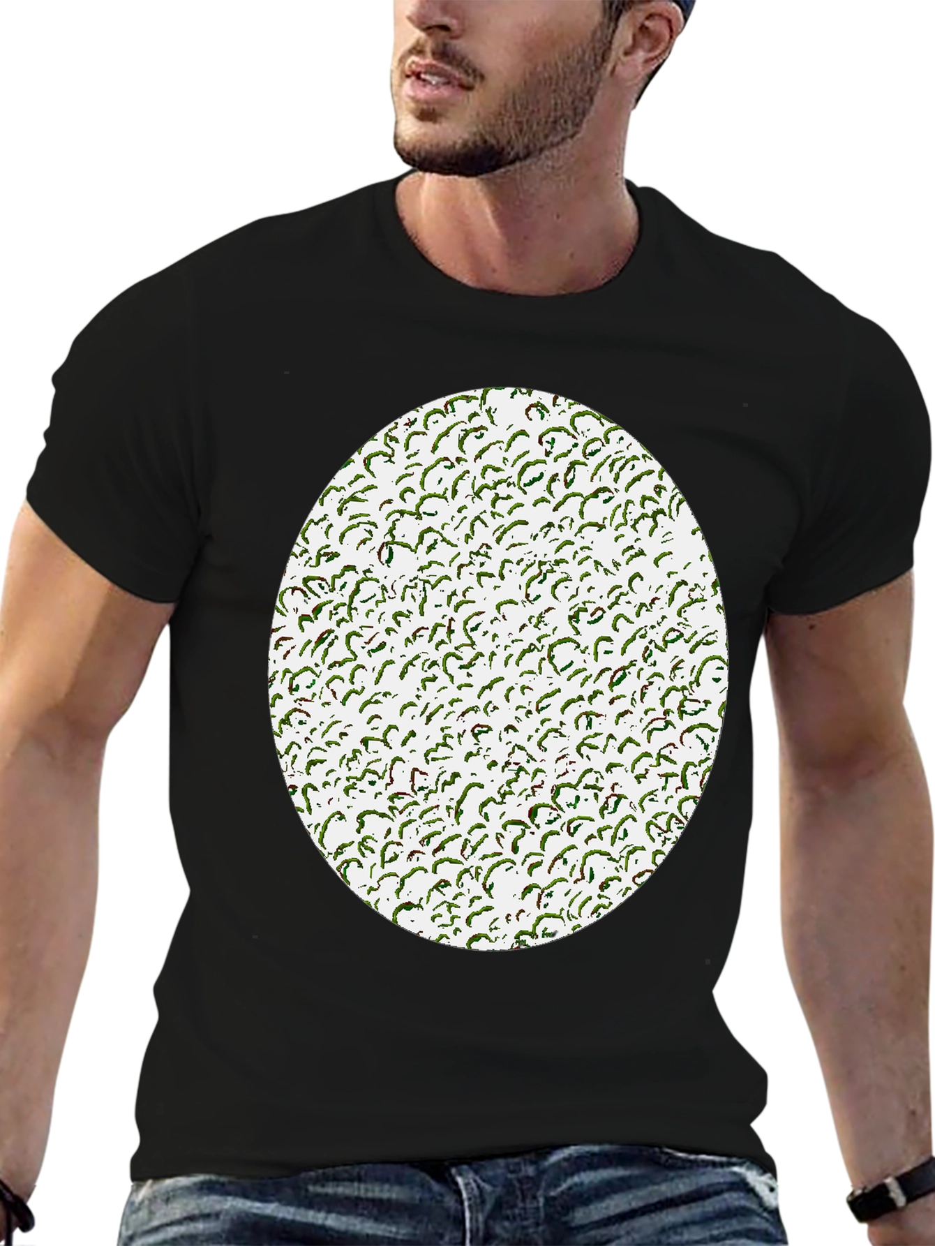 Novelty Green Pattern Print Black T-Shirt