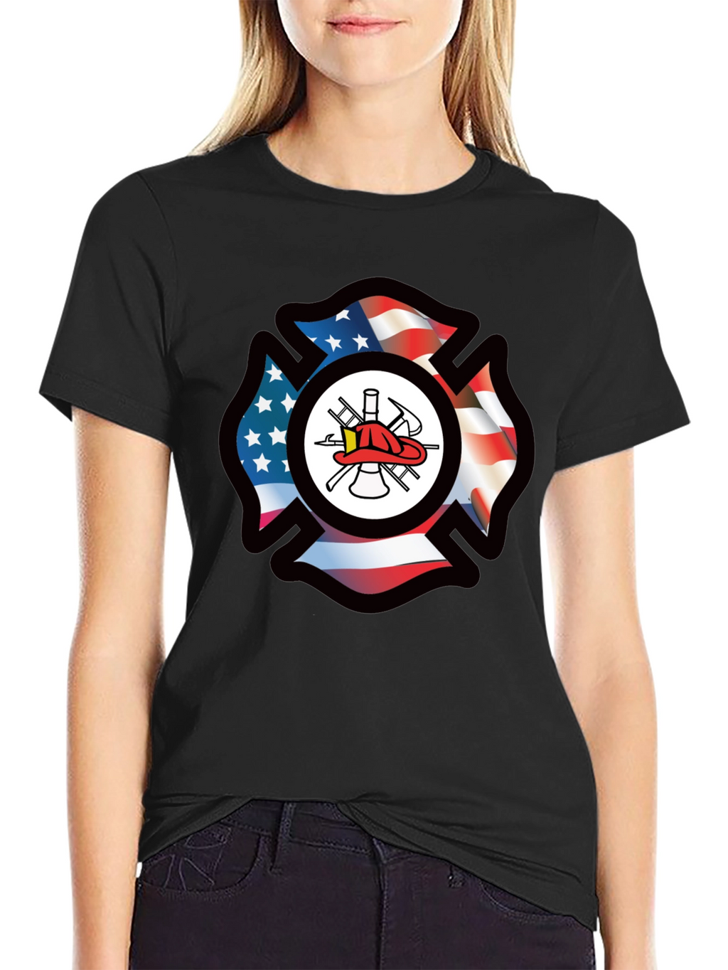 Firefighter American Flag Maltese Cross Graphic Tee