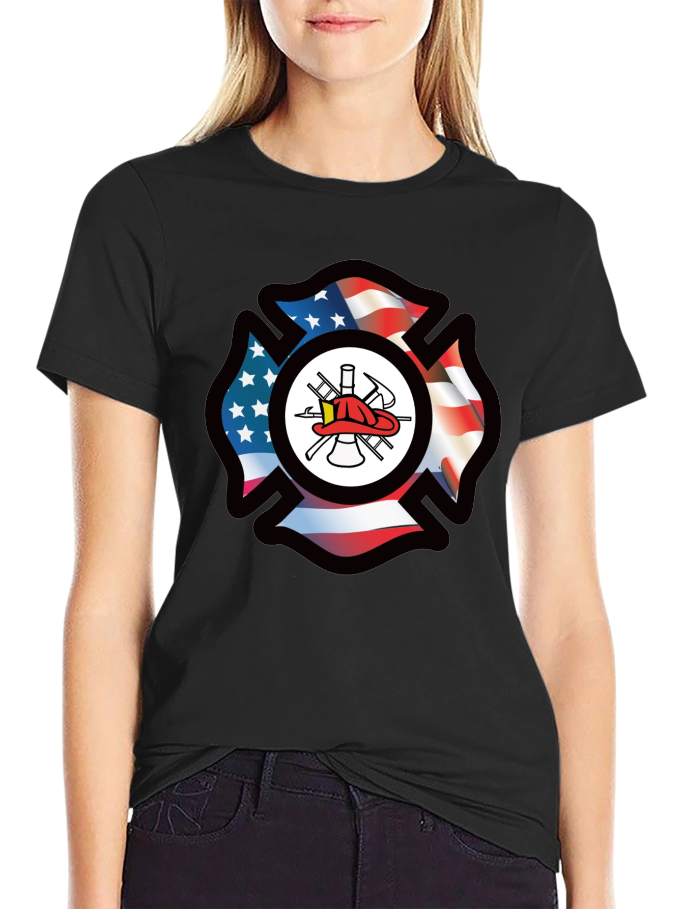 Firefighter American Flag Maltese Cross Graphic Tee