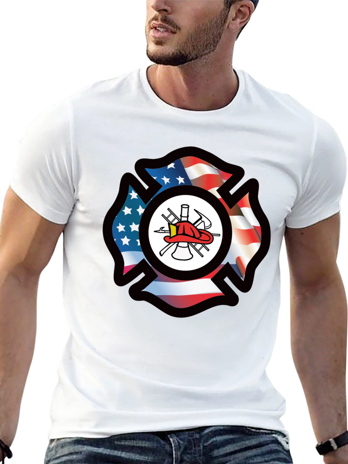 Firefighter American Flag Maltese Cross Graphic Tee
