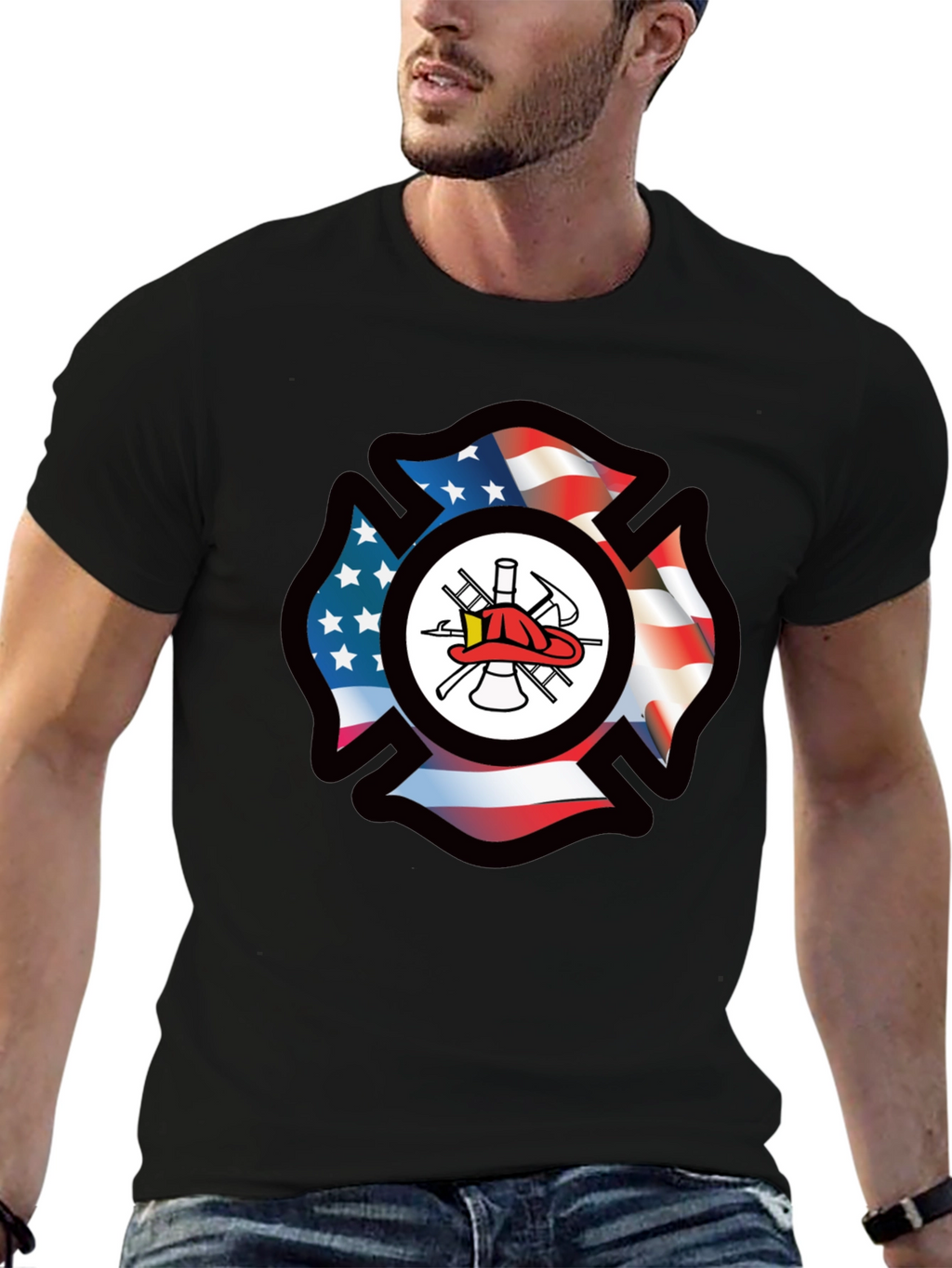 Firefighter American Flag Maltese Cross Graphic Tee
