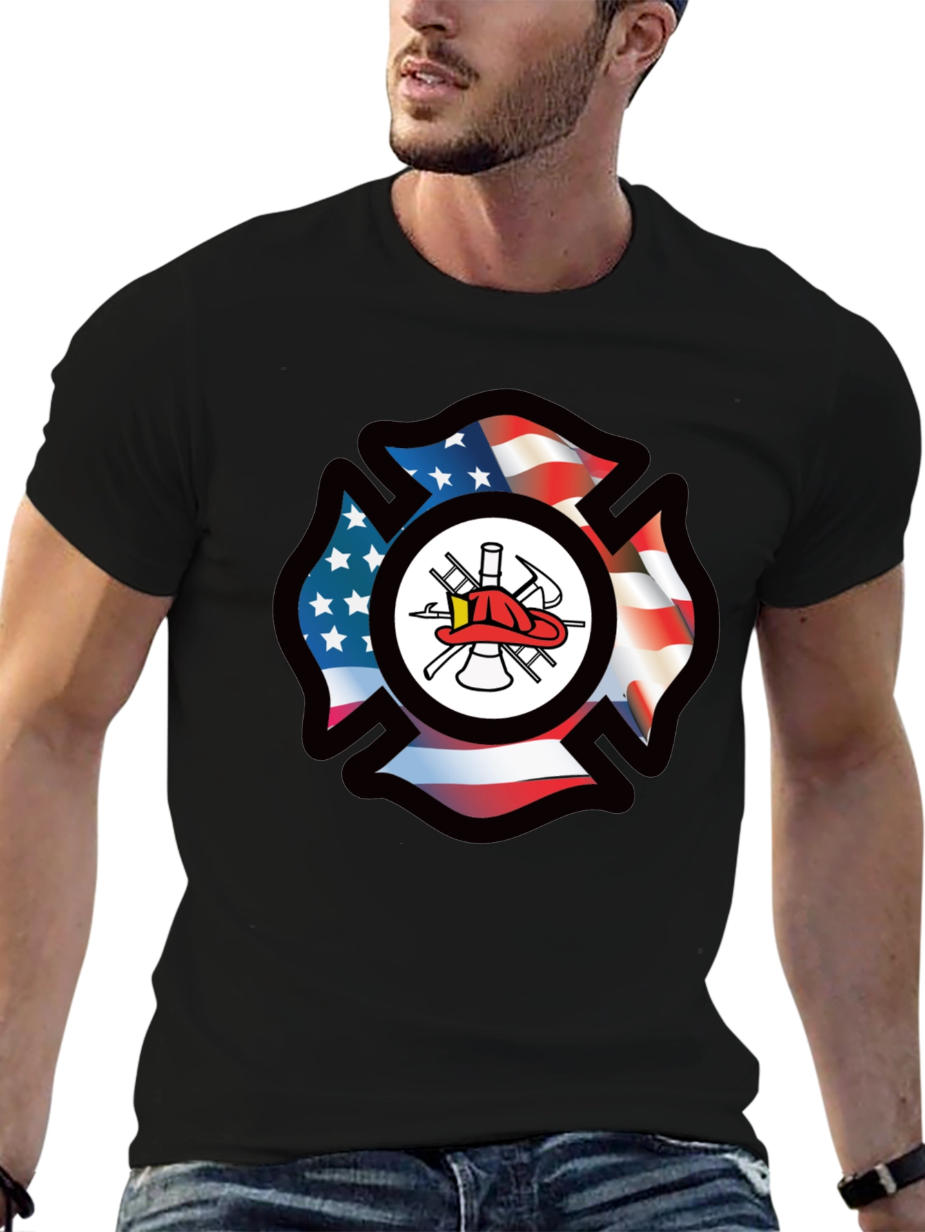 Firefighter American Flag Maltese Cross Graphic Tee