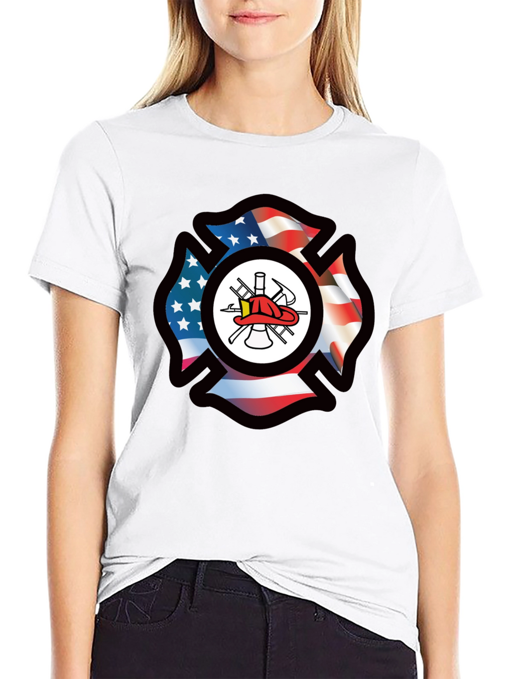 Firefighter American Flag Maltese Cross Graphic Tee