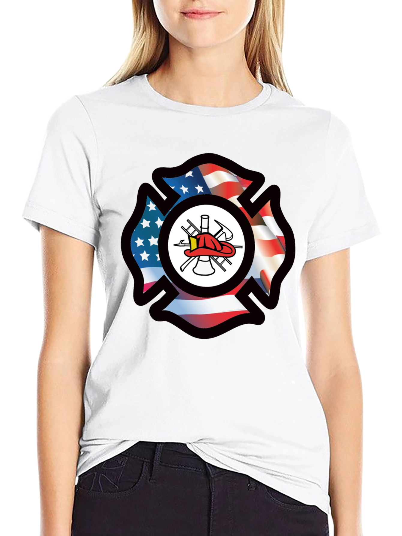Firefighter American Flag Maltese Cross Graphic Tee