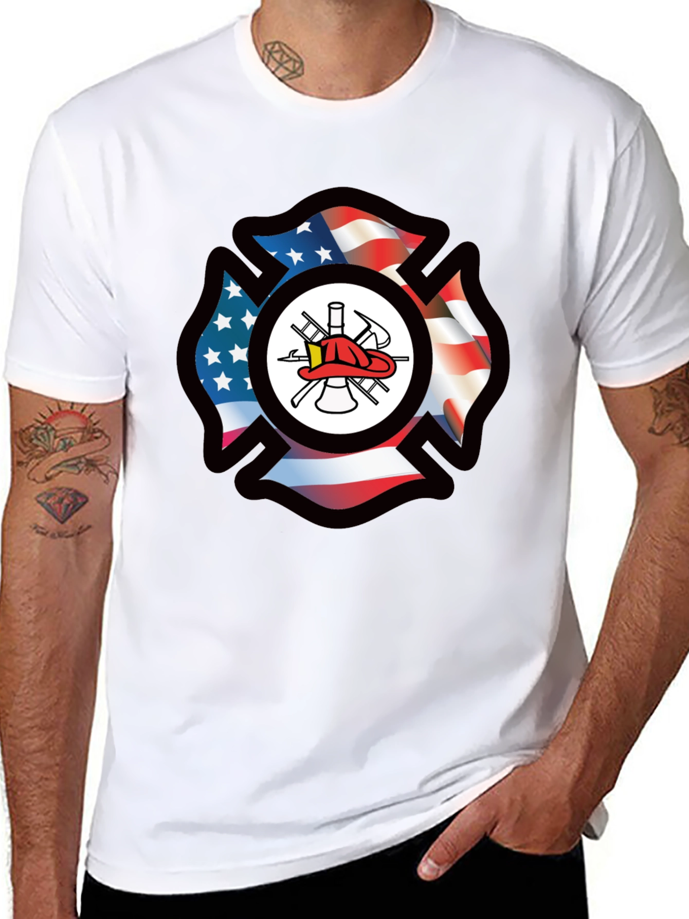 Firefighter American Flag Maltese Cross Graphic Tee