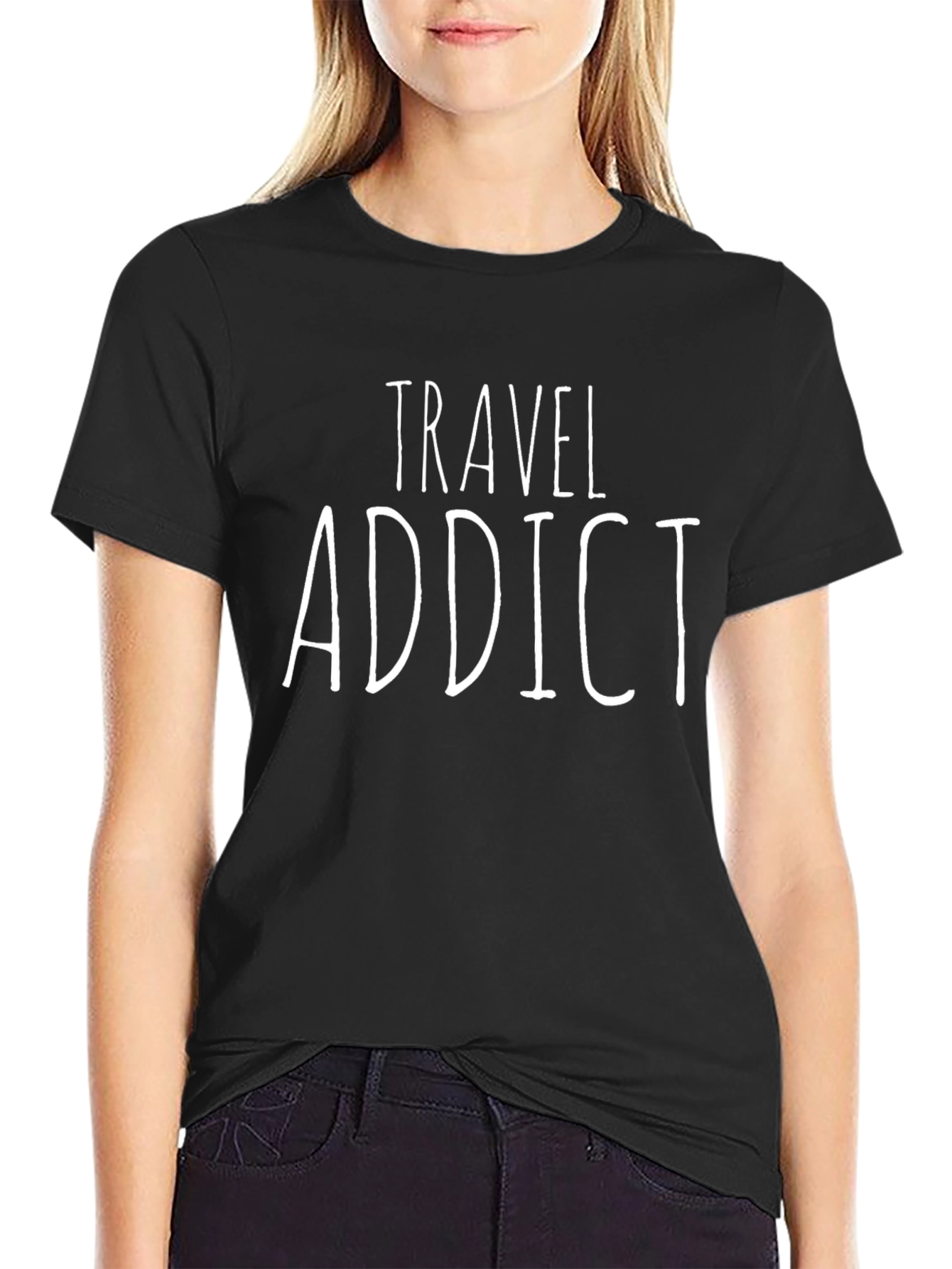 Travel Addict T-Shirt - Black Crew Neck Tee