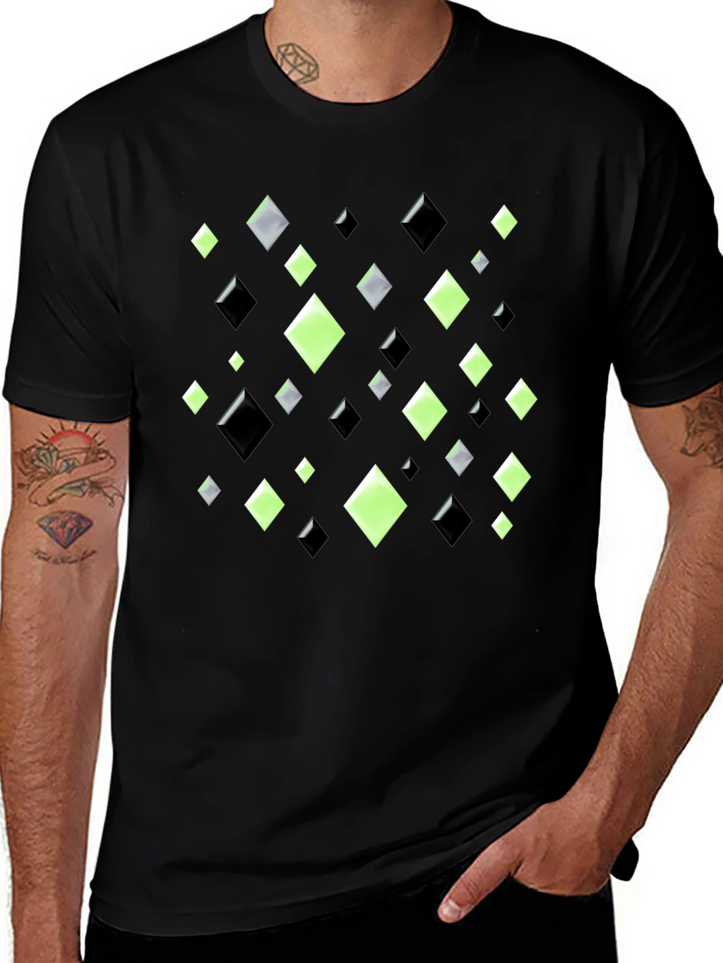 Geometric Diamond Pattern Black T-Shirt