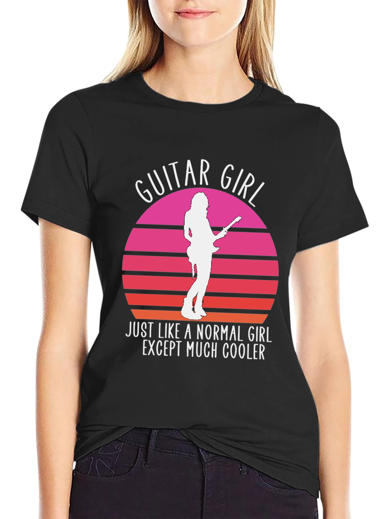Guitar Girl Retro Sunset T-Shirt - Music Lover Tee