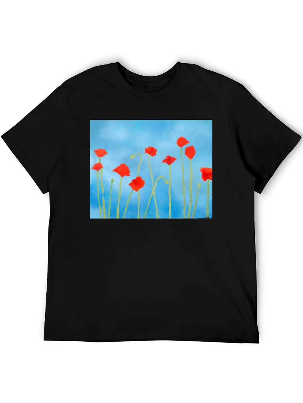 Floral Print T-Shirt: Red Poppies on Blue