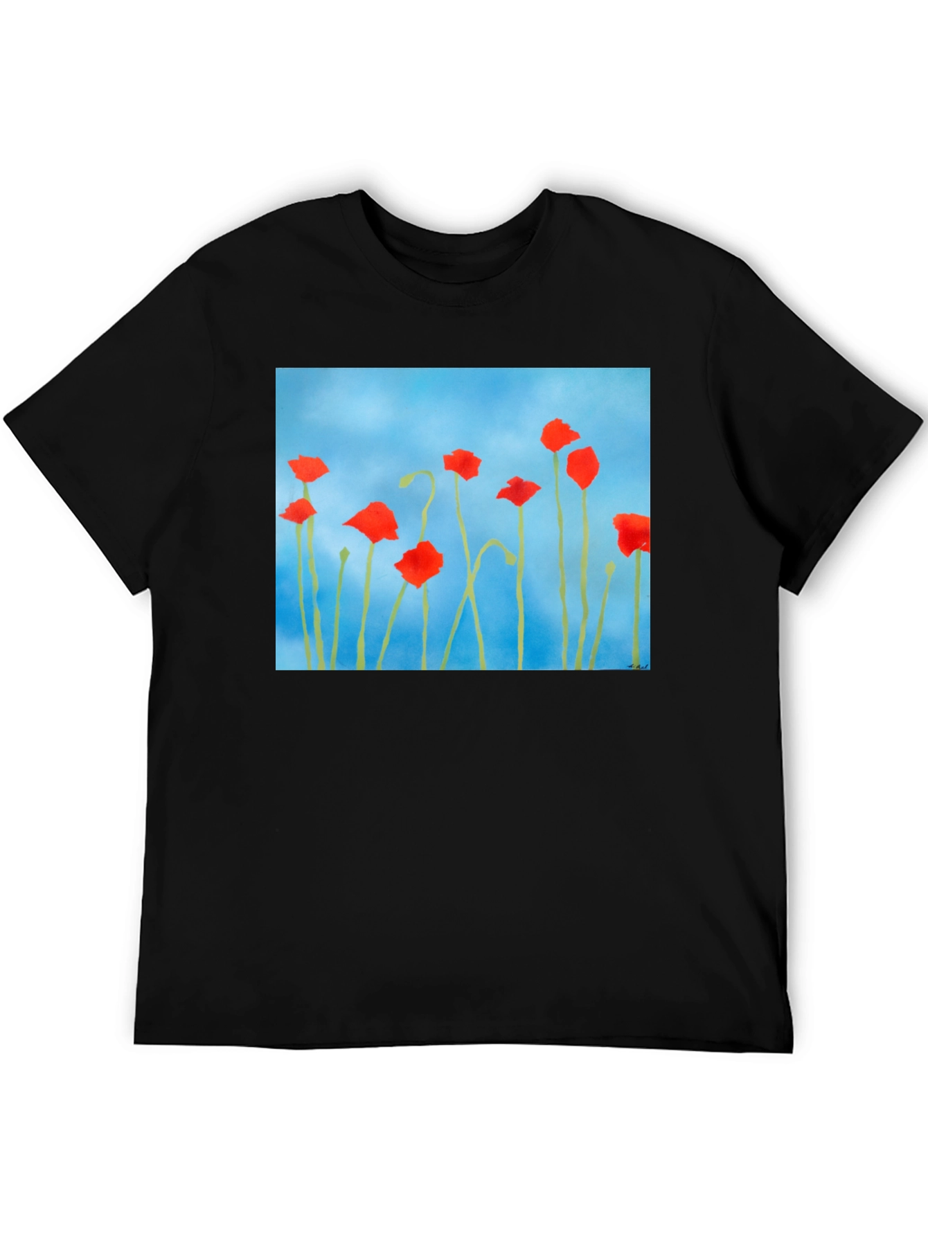 Floral Print T-Shirt: Red Poppies on Blue