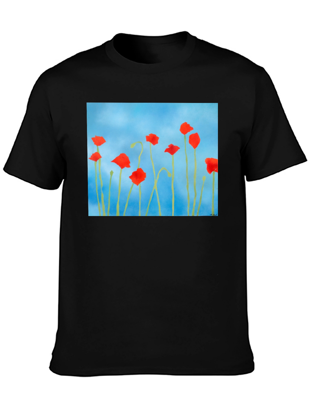 Floral Print T-Shirt: Red Poppies on Blue