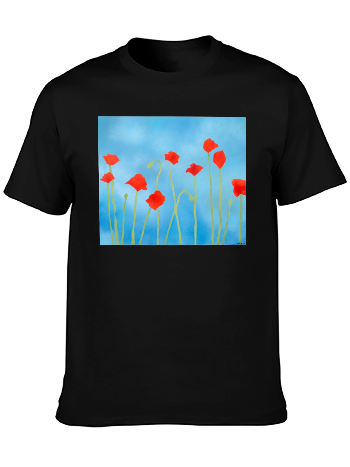Floral Print T-Shirt: Red Poppies on Blue