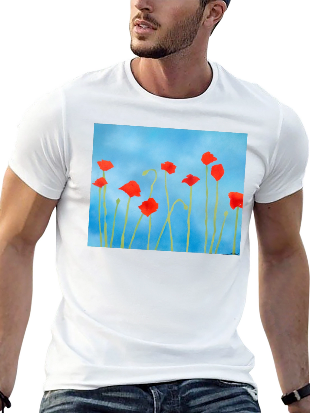 Floral Print T-Shirt: Red Poppies on Blue