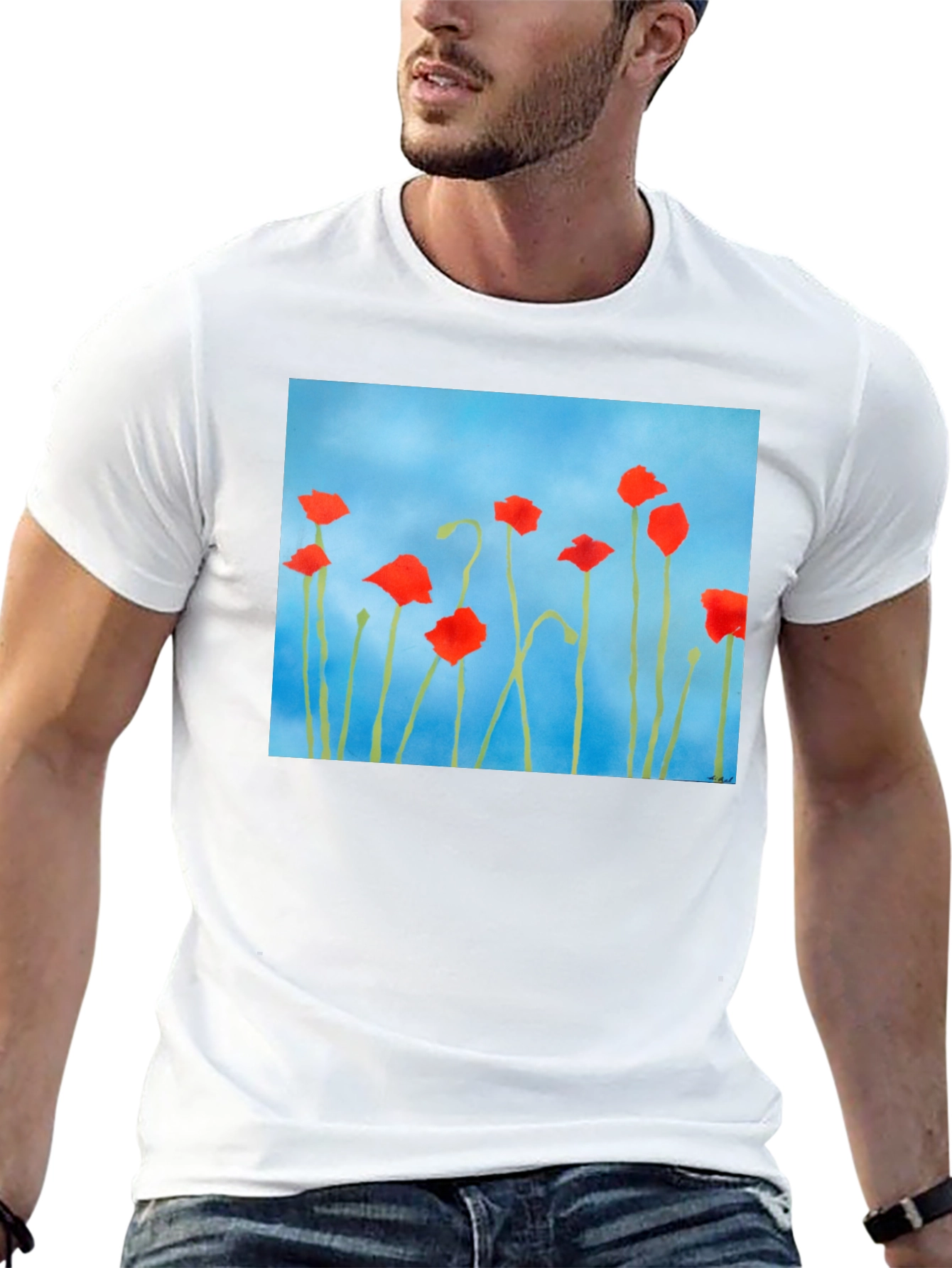 Floral Print T-Shirt: Red Poppies on Blue