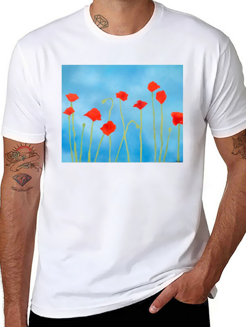 Floral Print T-Shirt: Red Poppies on Blue