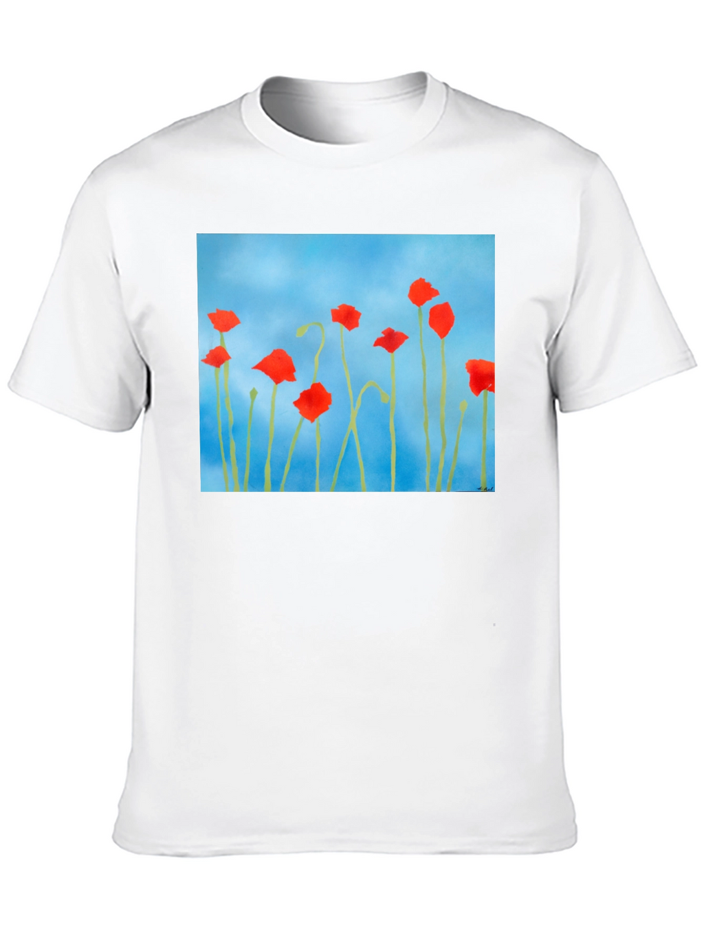Floral Print T-Shirt: Red Poppies on Blue