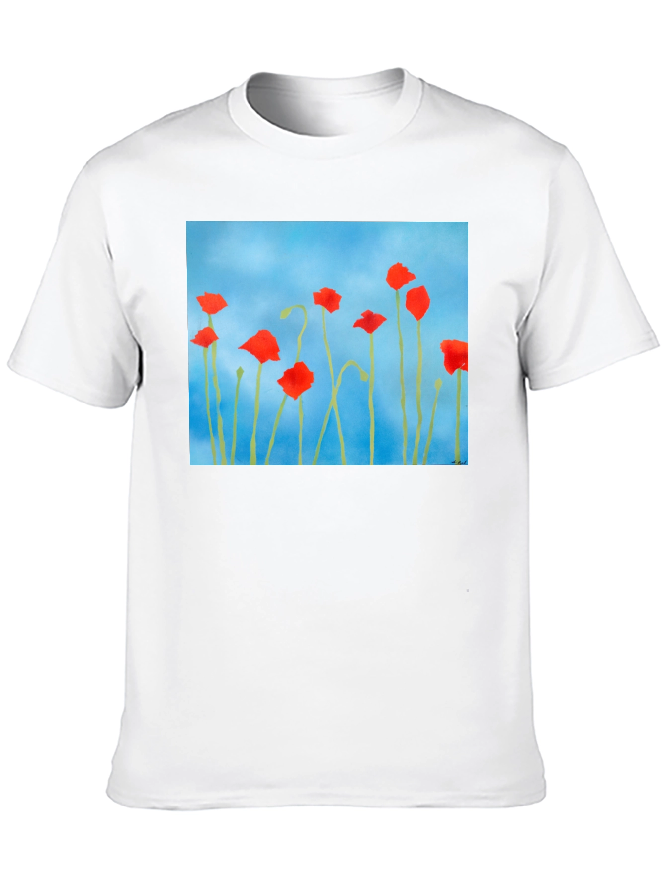 Floral Print T-Shirt: Red Poppies on Blue