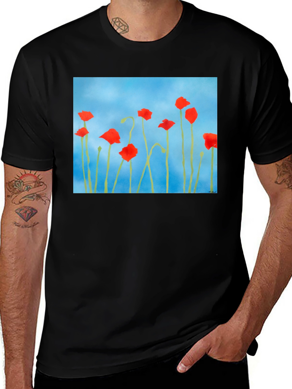Floral Print T-Shirt: Red Poppies on Blue