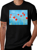 Floral Print T-Shirt: Red Poppies on Blue